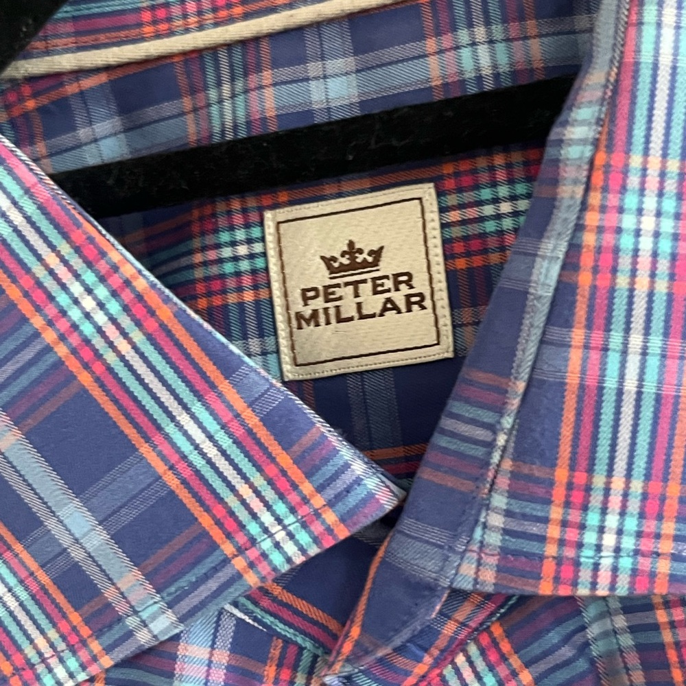 Peter‎ Millar long Sleeve Dress Shirt 100% Cotton Blue Orange White Pink Plaid - Picture 3 of 8
